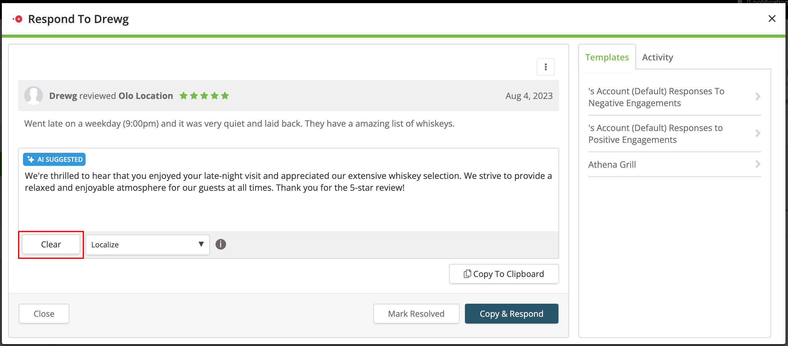 Reviews - Inbox - Suggested Response - Clear Button.png